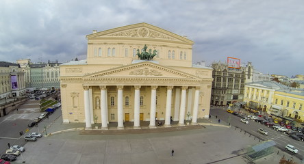 View from unmanned quadrocopter to Theatre with car traffic