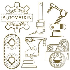 robotic set, engineering icons, mechanical tools