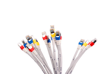 Colorful lan telecommunication cable RJ45 isolated on white back