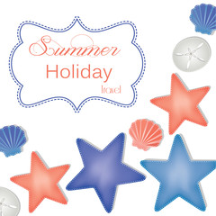 Beach and ocean layout with starfish, sand dollars and shells