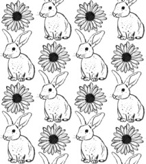 Sketch rabbit and chamomile, vector vintage seamless pattern