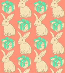 Sketch rabbit and present, vector vintage seamless pattern