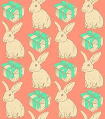 Sketch rabbit and present, vector vintage seamless pattern