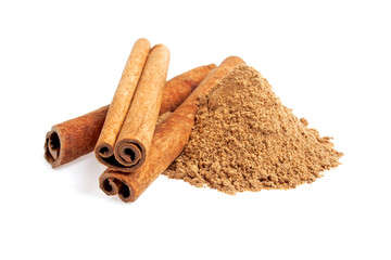 Cinnamon sticks and powder on white background