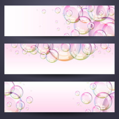 Set of horizontal banners with soap bubbles - pink background.