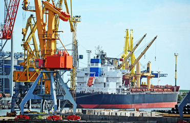 Bulk cargo ship under port crane bridge, Odessa, Ukraine