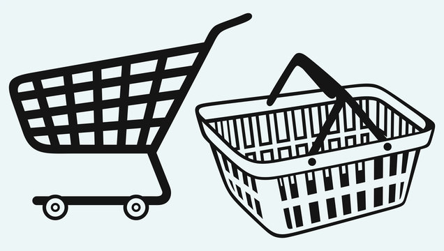 Shopping supermarket cart and plastic basket