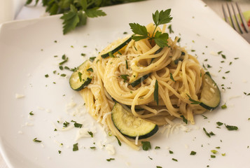 Fresh pappardelle with zucchini and a creamy sauce.