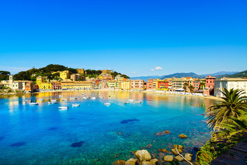 Fototapeta premium Sestri Levante, silence bay sea harbor and beach view. Liguria,