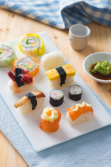 various sushi food with backgrounds