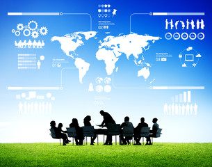 Outdoor Business Meeting with World Map