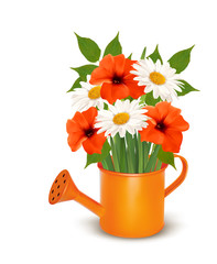 Summer flowers in a watering can. Vector.