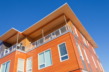 Modern timber clad condo building exterior detail