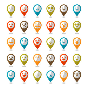 Set of color smiley icons, mapping pins