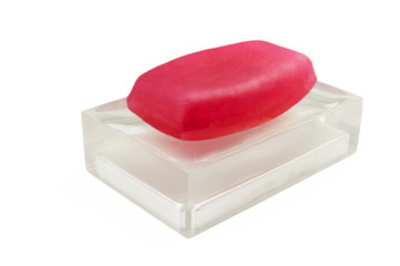 Classic red soap on a semi transparent soap dish