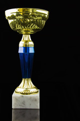Gold trophy, black background, vertical