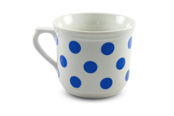 Empty big mug with blue dots, isolated on white background