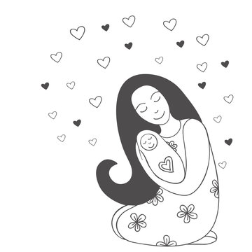 Mother hugging her little child. Vector art