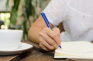 Close-up of a young girl drawing into her diary, in the park