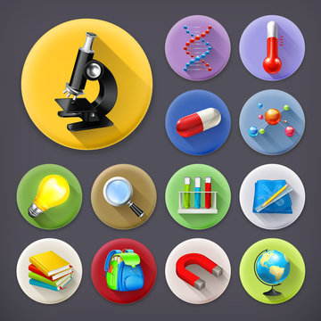 Science and education, long shadow icon set