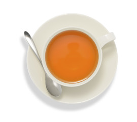 Top view of a cup of tea , isolate on white
