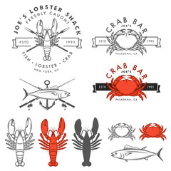 Set of retro seafood, crab, lobster, fish design elements