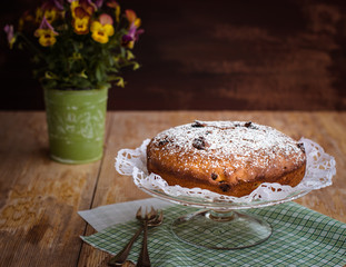 Homemade vanilla cake with raisins. Selective focus