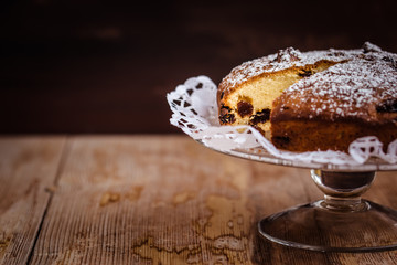 Homemade vanilla cake with raisins. 