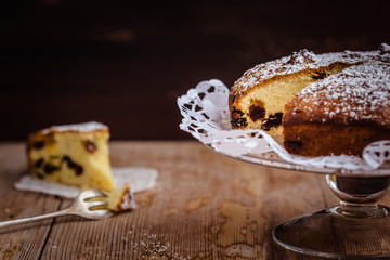 Homemade vanilla cake with raisins. Selective focus