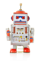 Robot vintage toy on white, clipping path