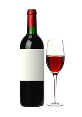 bottle and glass of red wine isolated on white