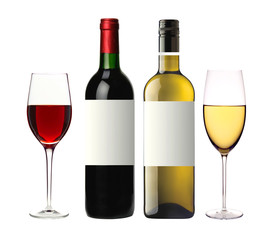 bottles of red and white and glasses wine isolated on white