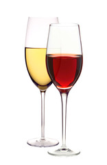 Wineglasses with white and red wine isolated on white