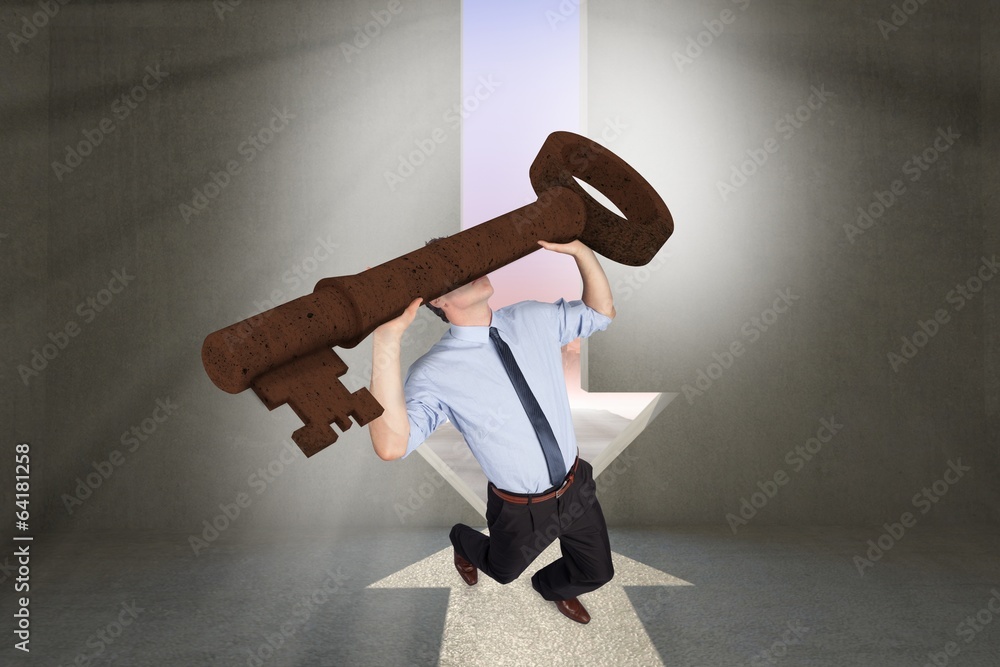 Poster composite image of businessman carrying large key