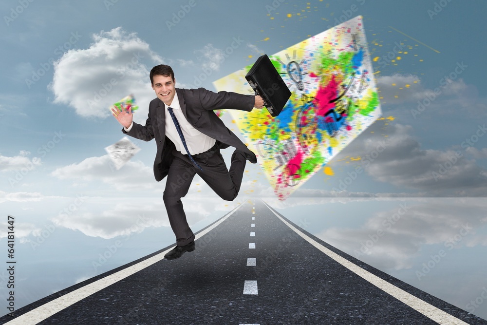 Poster composite image of smiling businessman in a hurry