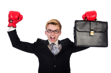 Young businessman boxer isolated on white