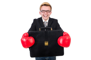 Young businessman boxer isolated on white