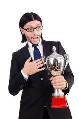 Businessman awarded with prize cup isolated on white