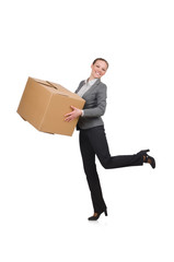 Woman businesswoman with boxes on white