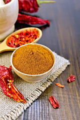 Pepper red in wooden bowl with burlap on board