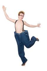 Funny man with trousers isolated on white