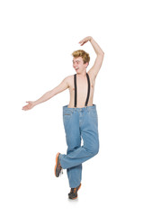 Funny man with trousers isolated on white