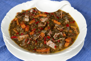 Beluga Lentil Soup with Ham and Red Peppers
