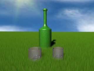 two 3d glass and bottle
