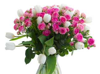 bunch of fresh pink roses and white tulips