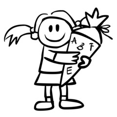 Kleines Mädchen mit Schultüte in schwarz-weiß