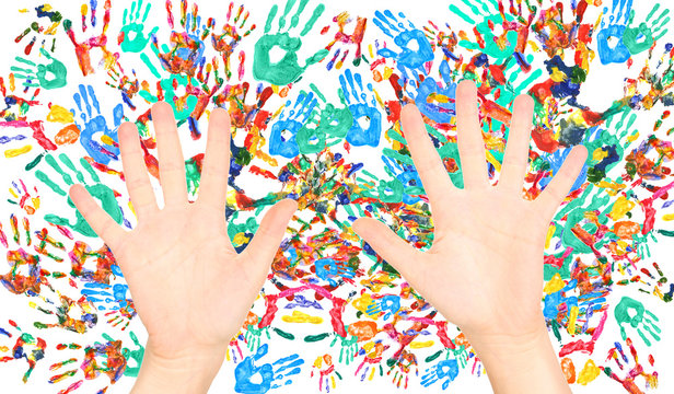 Hands on colorful handprints background