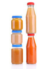 Baby food in glass jars, isolated on white