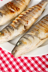 Delicious grilled fish on plate on table close-up