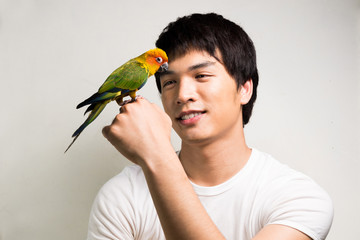 Naklejka premium Asian men with parrot - Sun Conure